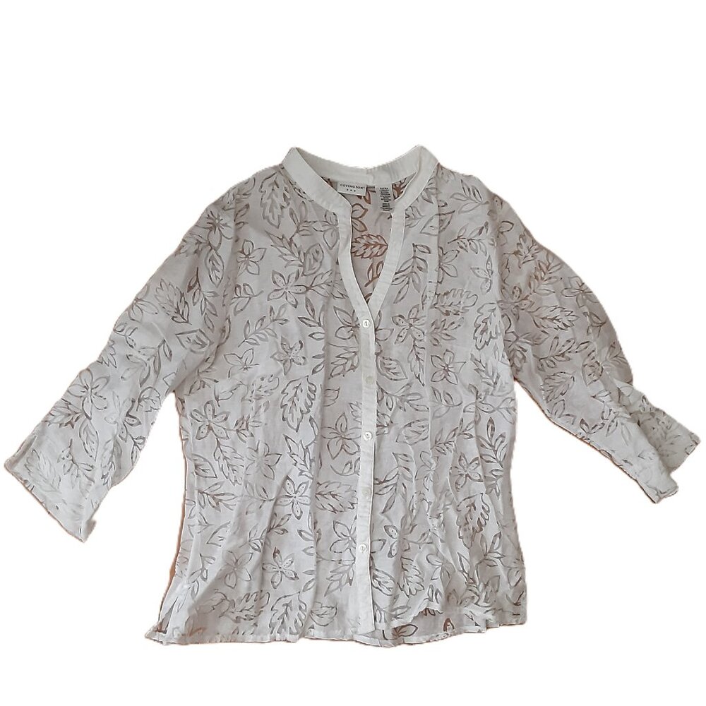 Covington Woman's Button-up Top XL White Sheer 3/4 Sleeve V-Neck Floral